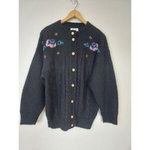 Vintage B. Tramonti Italy Mohair Wool Floral Embroidered Cardigan Sweater Small